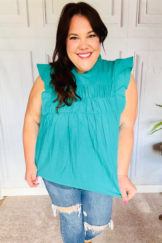 Love Life Cotton Turquoise Frill Mock Neck Flutter Sleeve Top-Modish Lily, Tecumseh Michigan