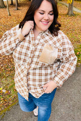 Eyes On You Taupe Plaid Velvet Pocket Button Down Top-Modish Lily, Tecumseh Michigan