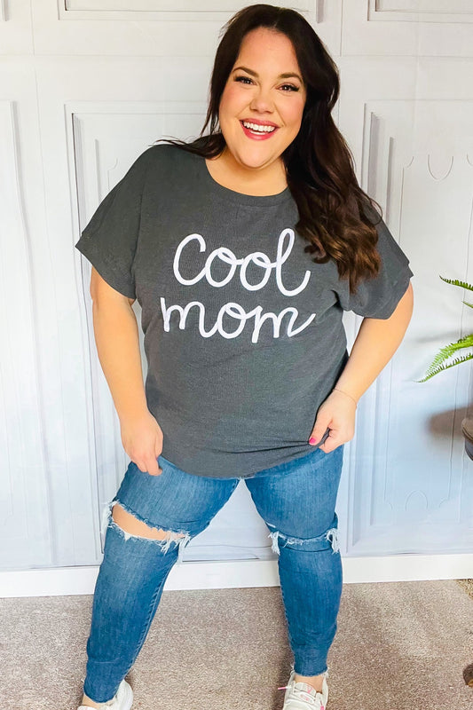 Take A Bow Charcoal "Cool Mom" Embroidery Pop-Up Rib Dolman Top-Modish Lily, Tecumseh Michigan