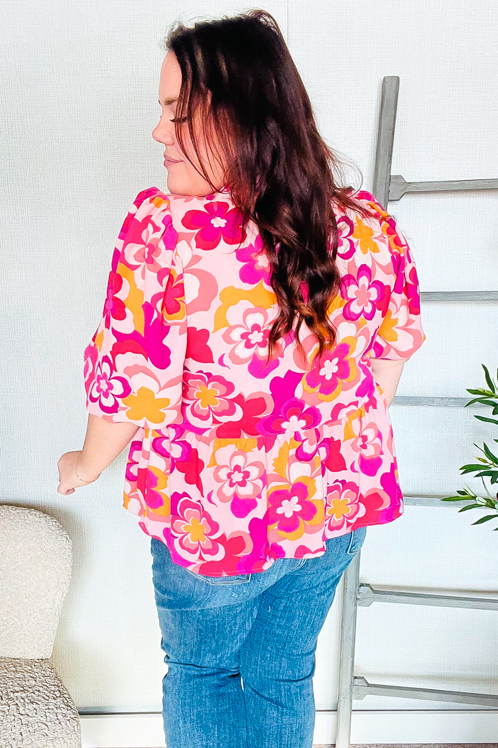 Find Love Pink/Yellow Floral Frill Balloon Short Sleeve Top-Modish Lily, Tecumseh Michigan