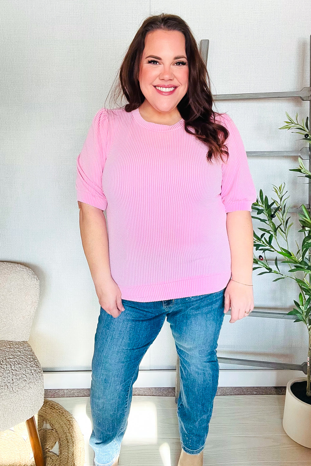 Pretty In Pink Puff Bubble Short Sleeve Wavy Rib Knit Top-Modish Lily, Tecumseh Michigan