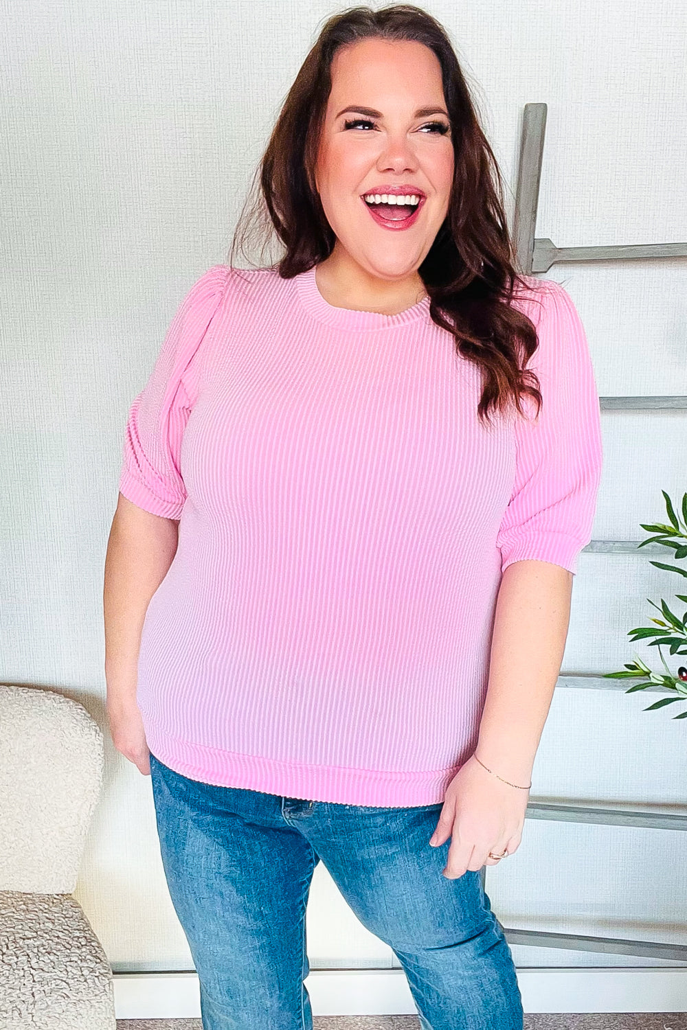 Pretty In Pink Puff Bubble Short Sleeve Wavy Rib Knit Top-Modish Lily, Tecumseh Michigan