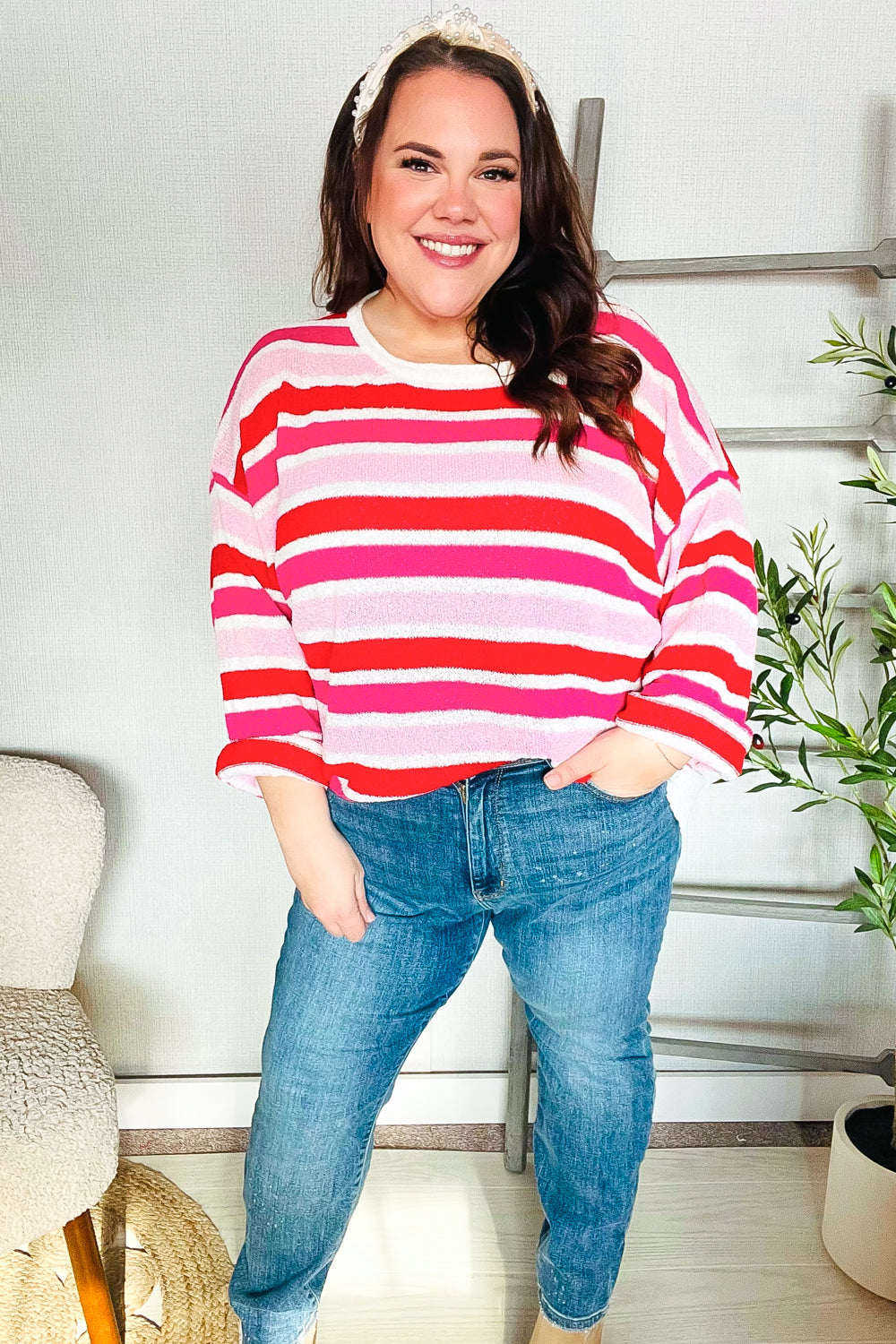 Follow Me Red/Pink Loose Knit Stripe Ribbed Pullover-Modish Lily, Tecumseh Michigan