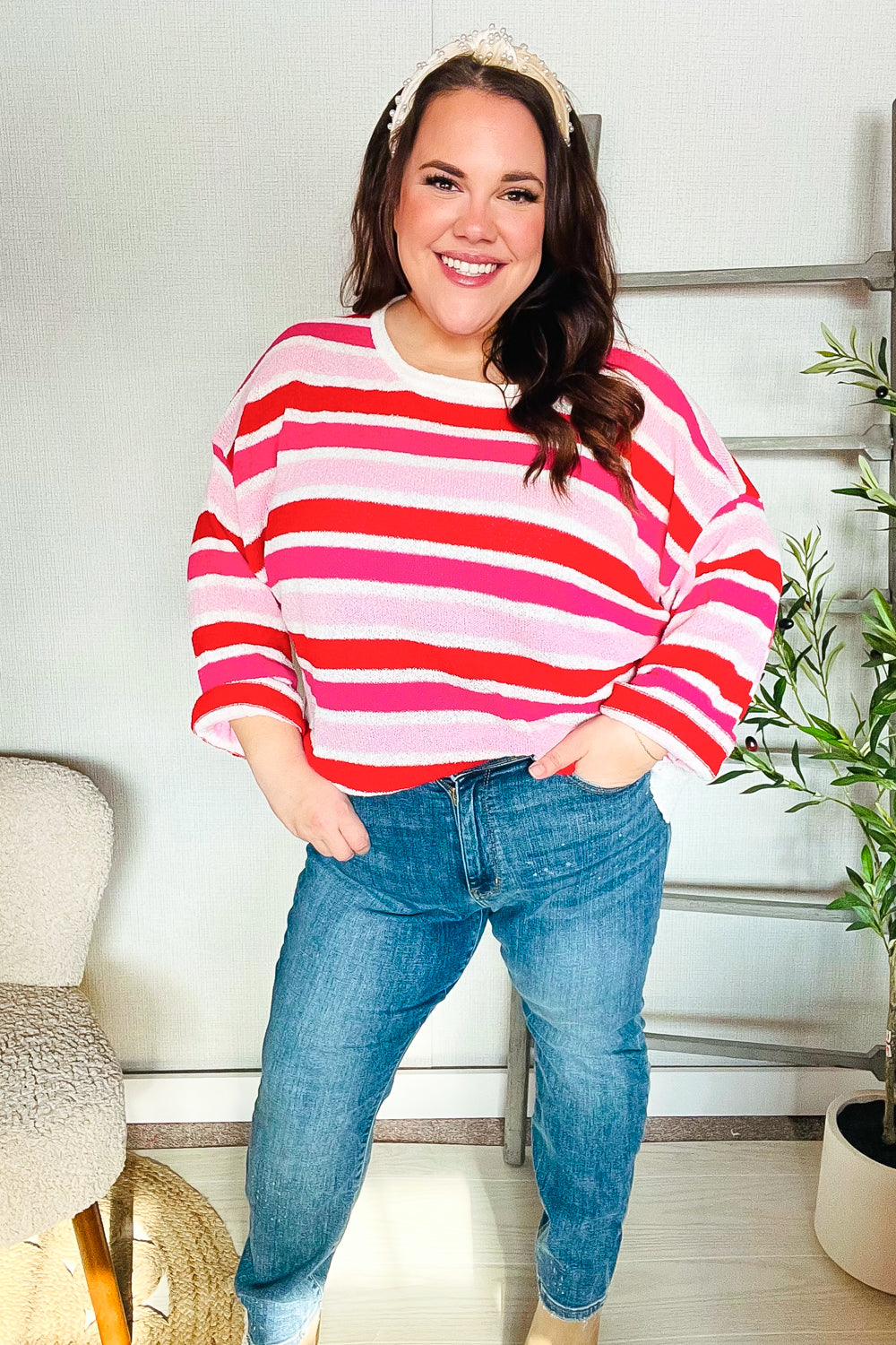 Follow Me Red/Pink Loose Knit Stripe Ribbed Pullover-Modish Lily, Tecumseh Michigan