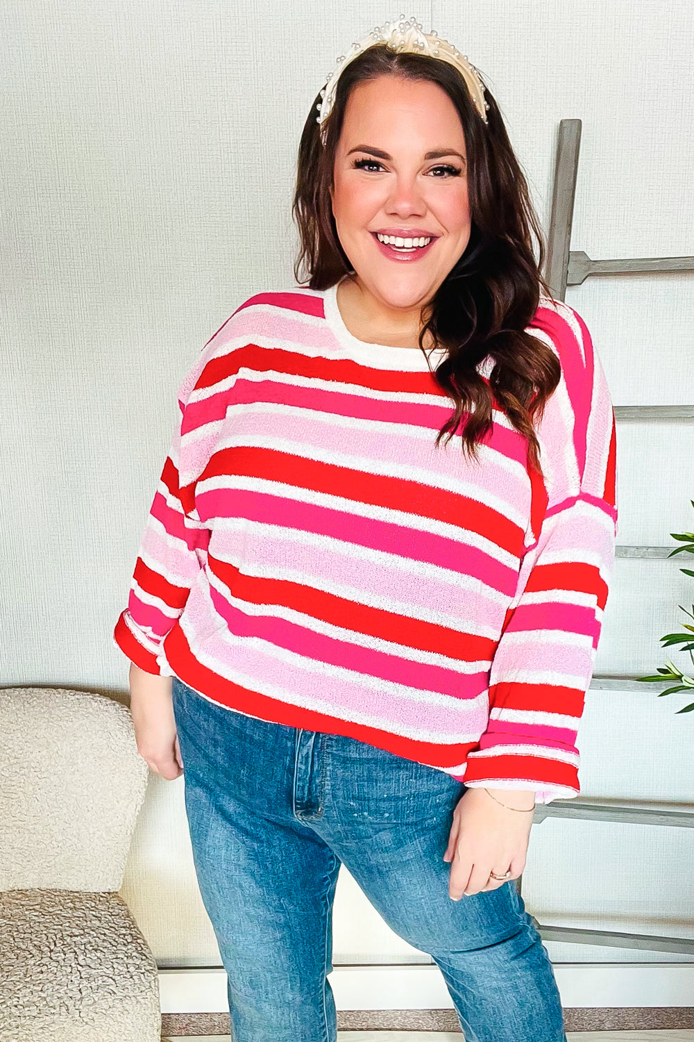 Follow Me Red/Pink Loose Knit Stripe Ribbed Pullover-Modish Lily, Tecumseh Michigan