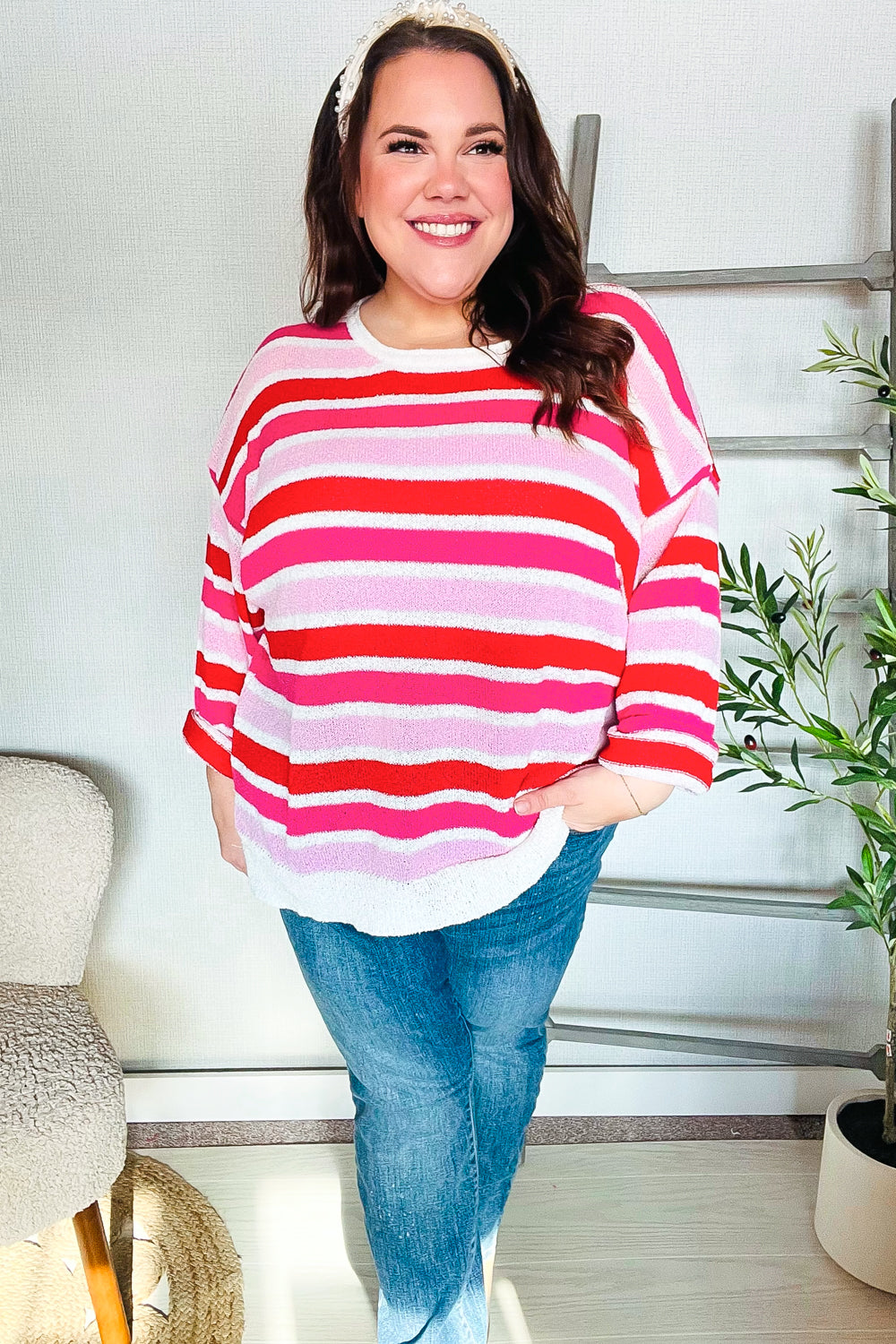 Follow Me Red/Pink Loose Knit Stripe Ribbed Pullover-Modish Lily, Tecumseh Michigan