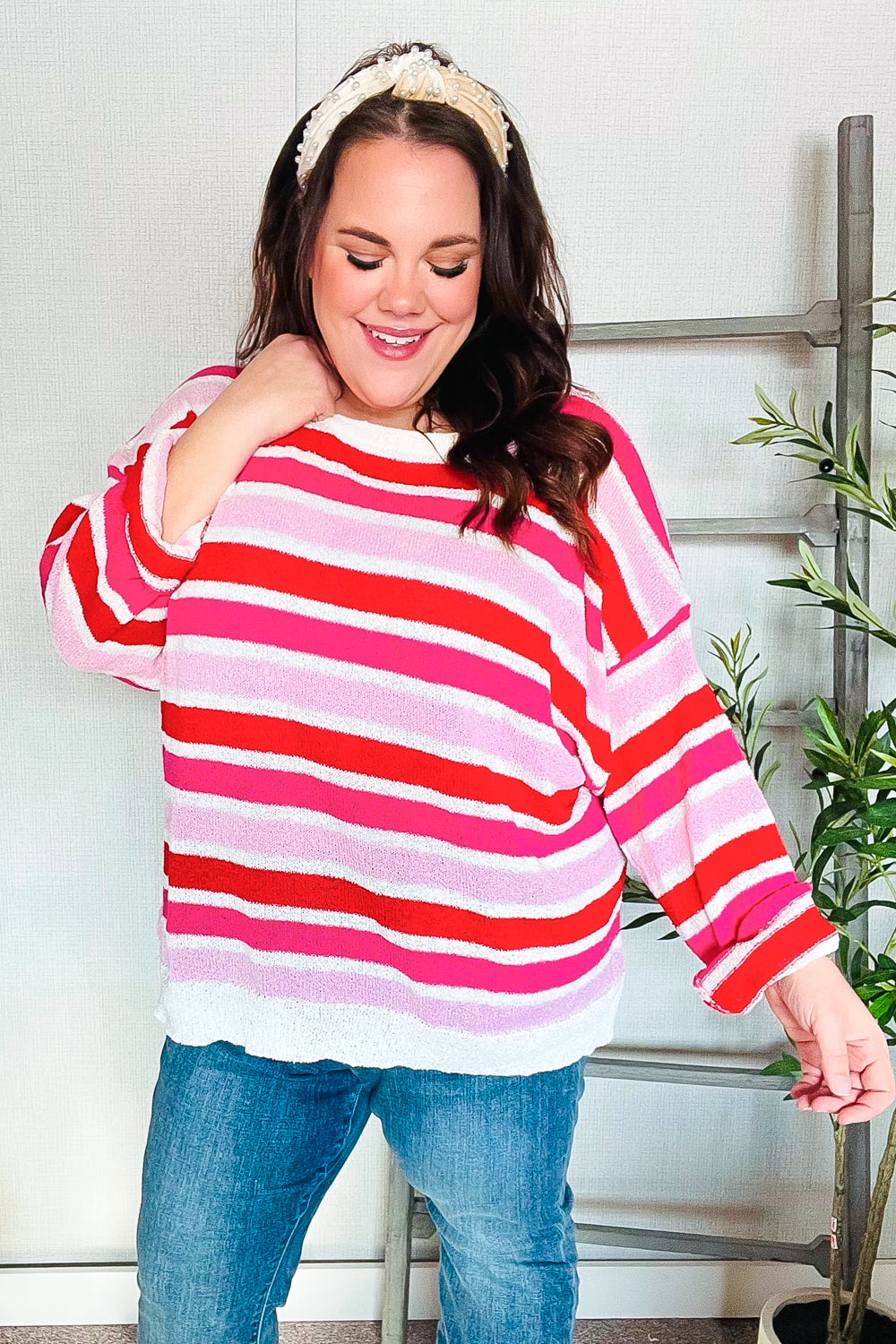 Follow Me Red/Pink Loose Knit Stripe Ribbed Pullover-Modish Lily, Tecumseh Michigan