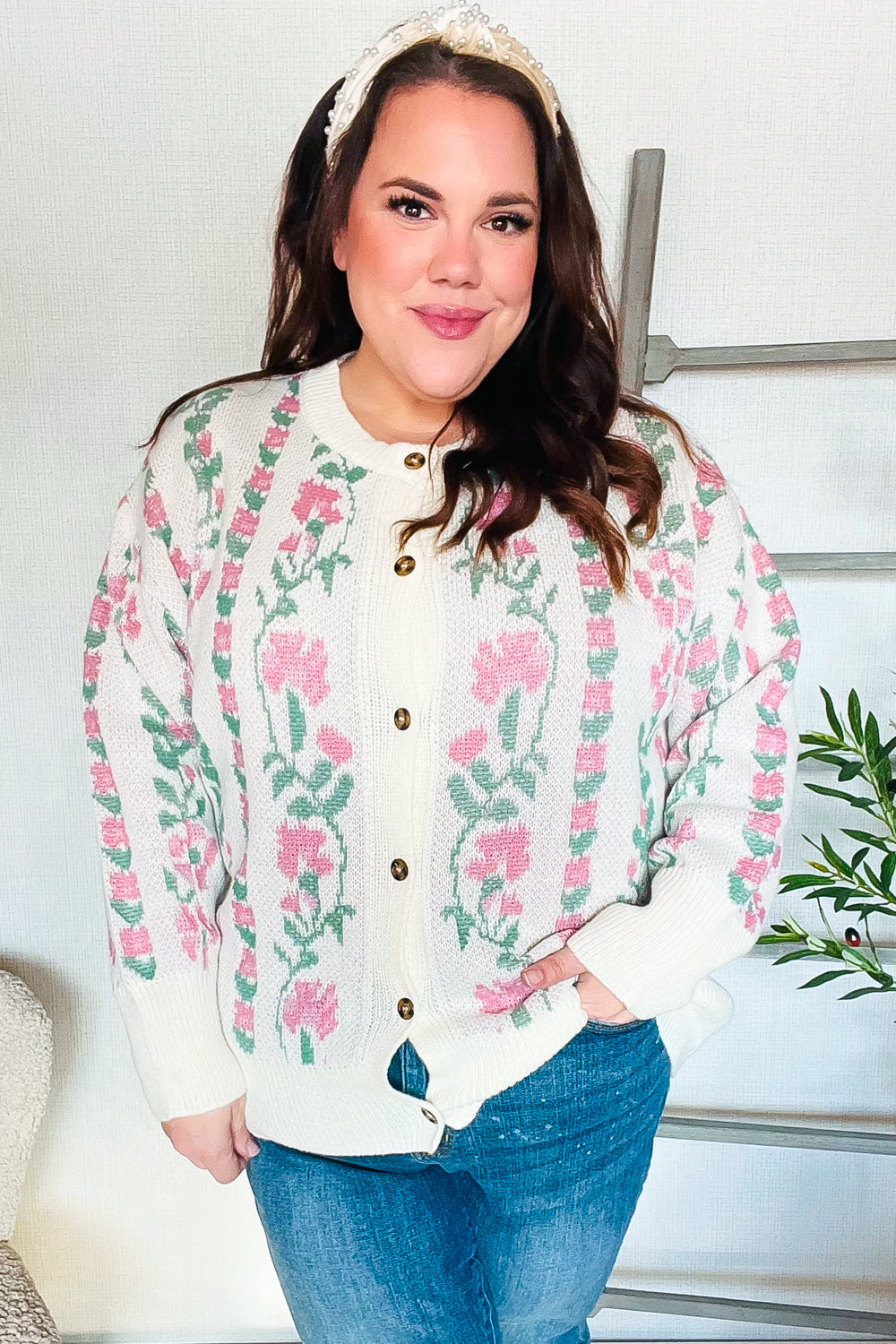 All For Love Ivory Jacquard Vertical Floral Button Down Cardigan-Modish Lily, Tecumseh Michigan