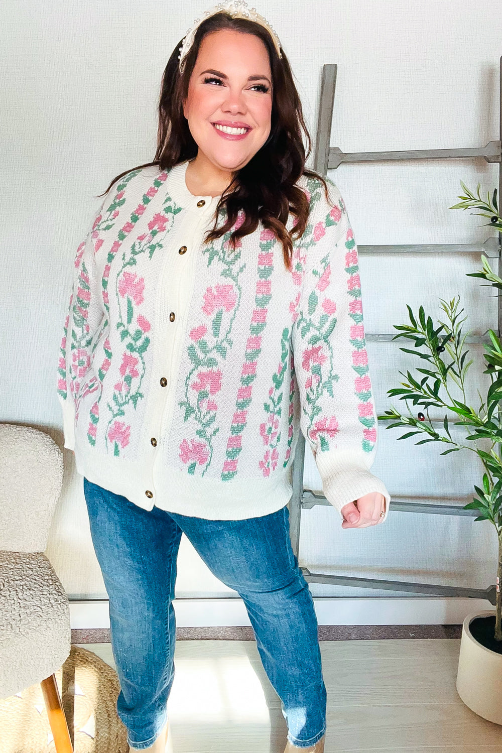 All For Love Ivory Jacquard Vertical Floral Button Down Cardigan-Modish Lily, Tecumseh Michigan