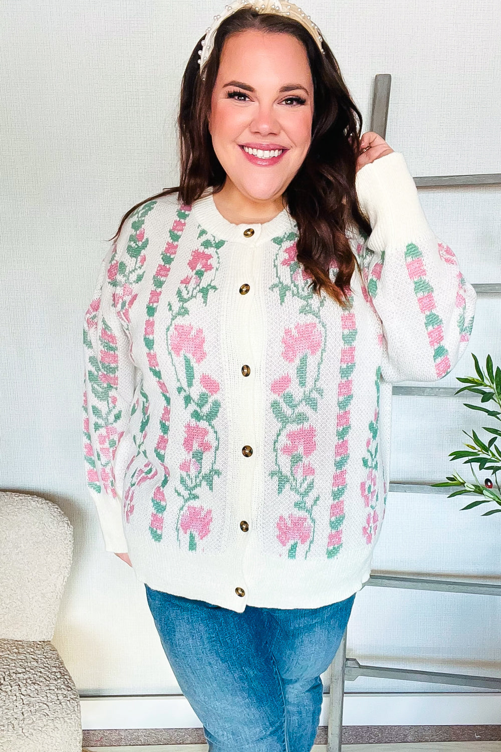 All For Love Ivory Jacquard Vertical Floral Button Down Cardigan-Modish Lily, Tecumseh Michigan