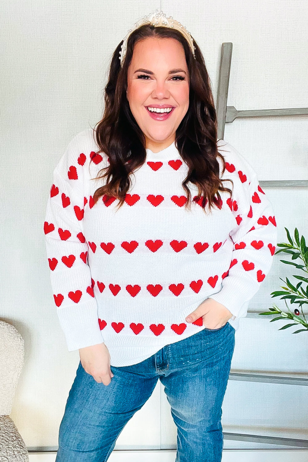 Be Mine White Jacquard Heart Stripe Pullover Sweater-Modish Lily, Tecumseh Michigan