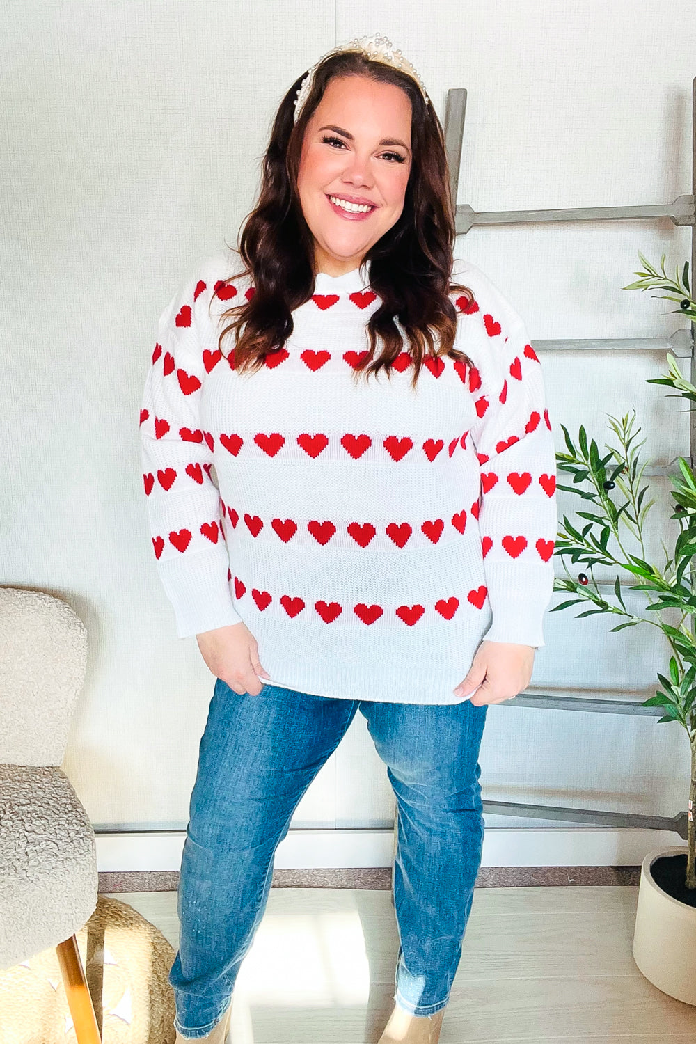 Be Mine White Jacquard Heart Stripe Pullover Sweater-Modish Lily, Tecumseh Michigan