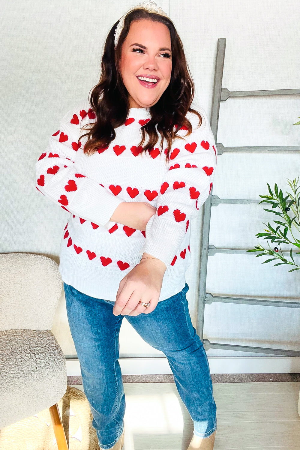 Be Mine White Jacquard Heart Stripe Pullover Sweater-Modish Lily, Tecumseh Michigan