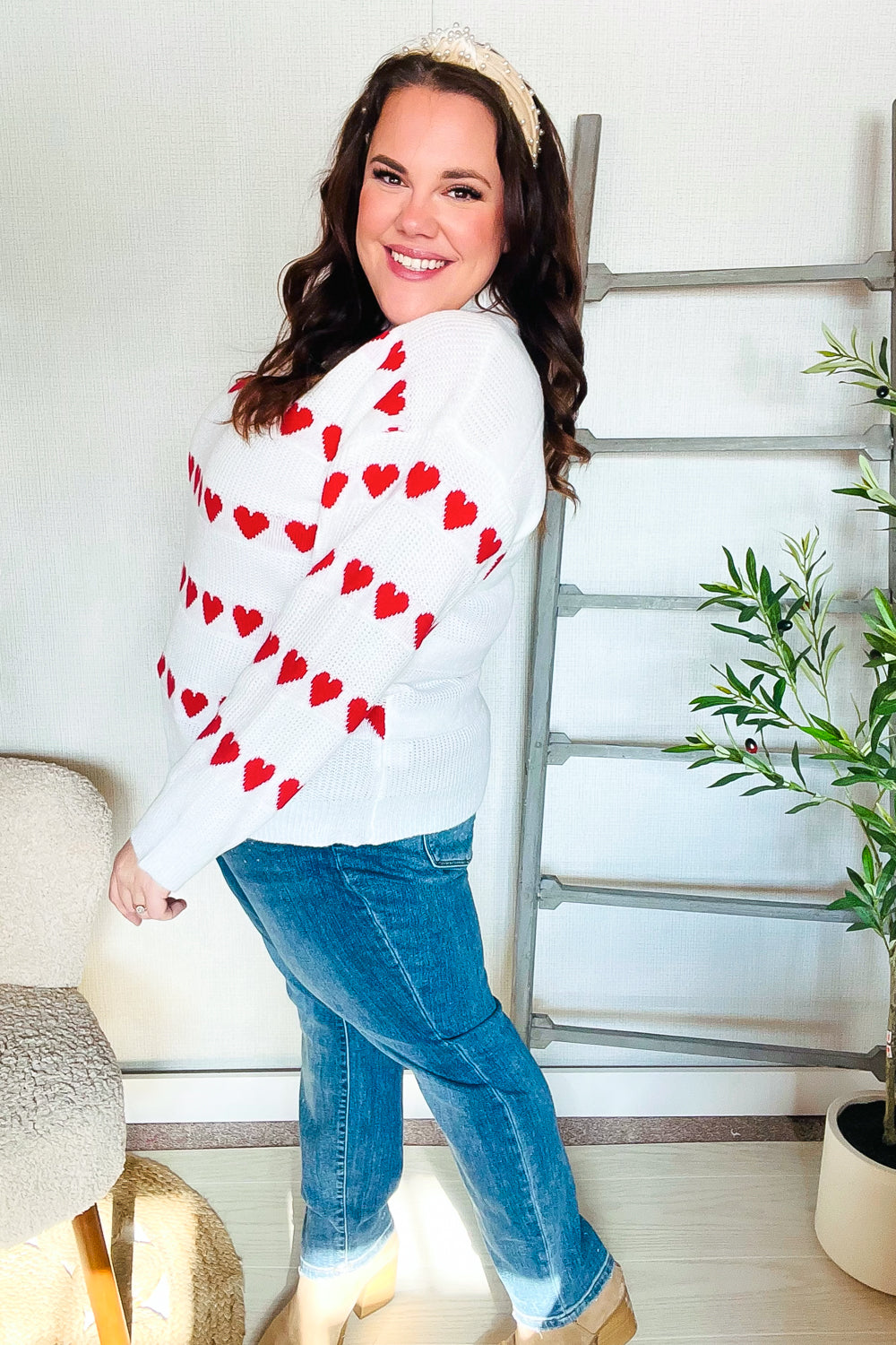 Be Mine White Jacquard Heart Stripe Pullover Sweater-Modish Lily, Tecumseh Michigan