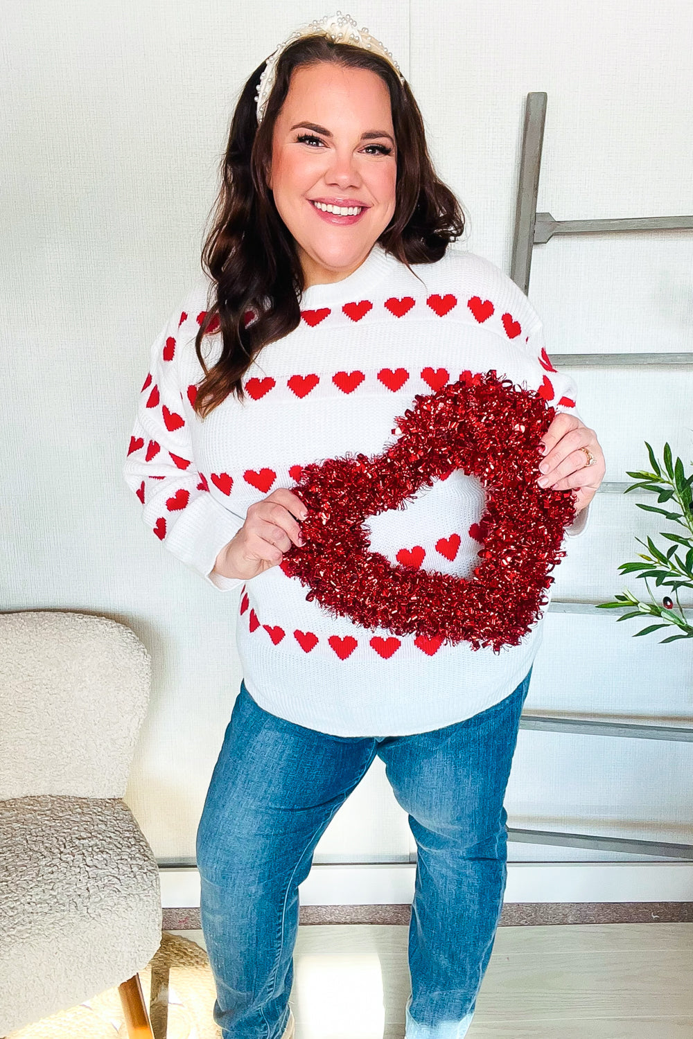 Be Mine White Jacquard Heart Stripe Pullover Sweater-Modish Lily, Tecumseh Michigan