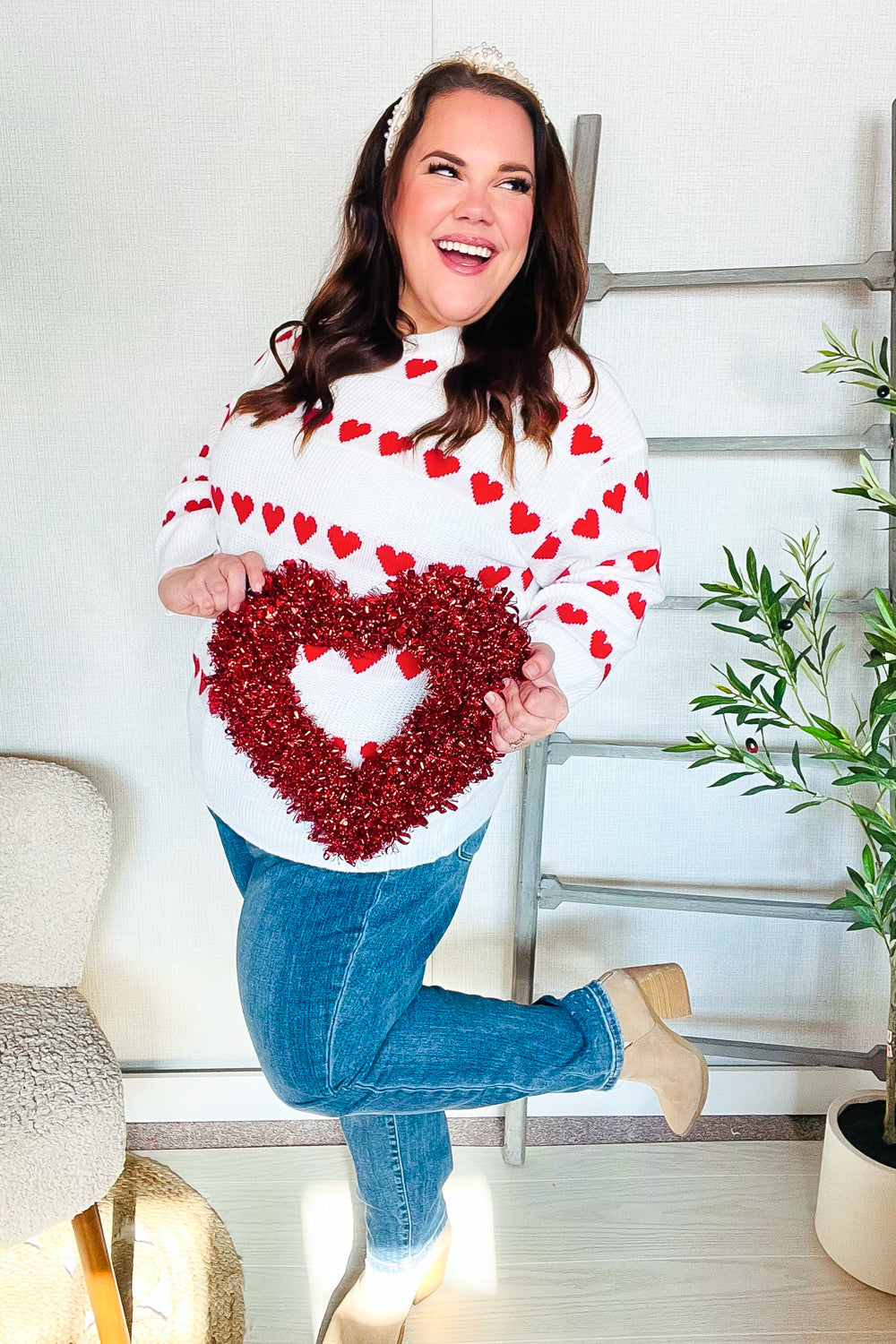 Be Mine White Jacquard Heart Stripe Pullover Sweater-Modish Lily, Tecumseh Michigan