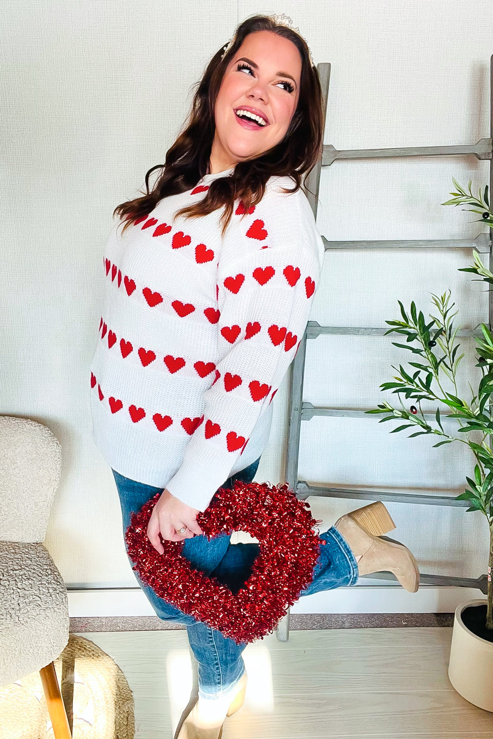 Be Mine White Jacquard Heart Stripe Pullover Sweater-Modish Lily, Tecumseh Michigan