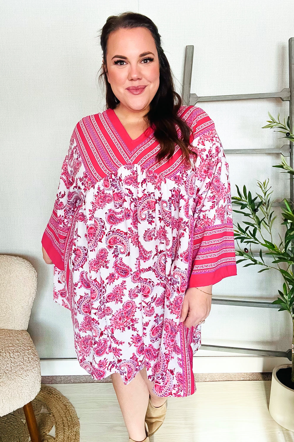 Let's Meet Up Red & Pink Paisley Drop Shoulder Kimono Dress-Modish Lily, Tecumseh Michigan