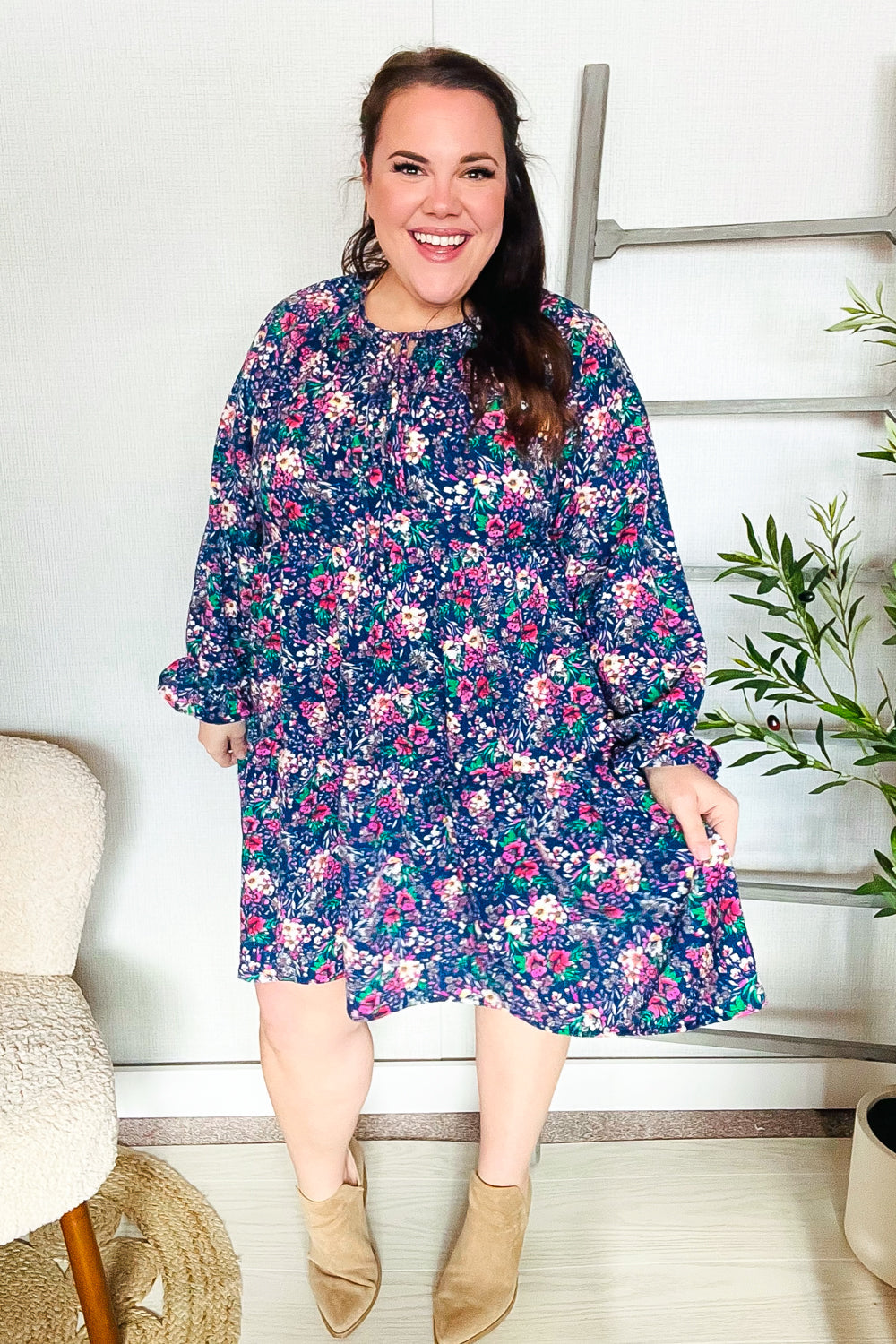 Feeling Joyful Navy Floral Bow Tie Babydoll Long Ruffle Sleeve Dress-Modish Lily, Tecumseh Michigan