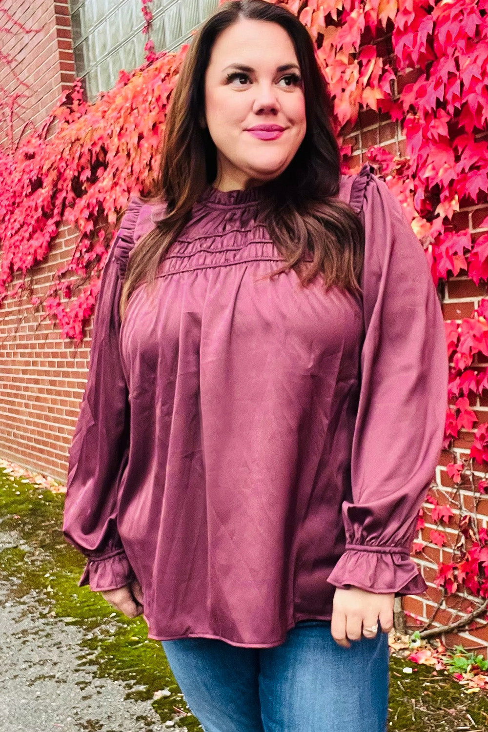 Be Your Best Wine Satin Shirred Yoke Frilled Mock Neck Top-Modish Lily, Tecumseh Michigan