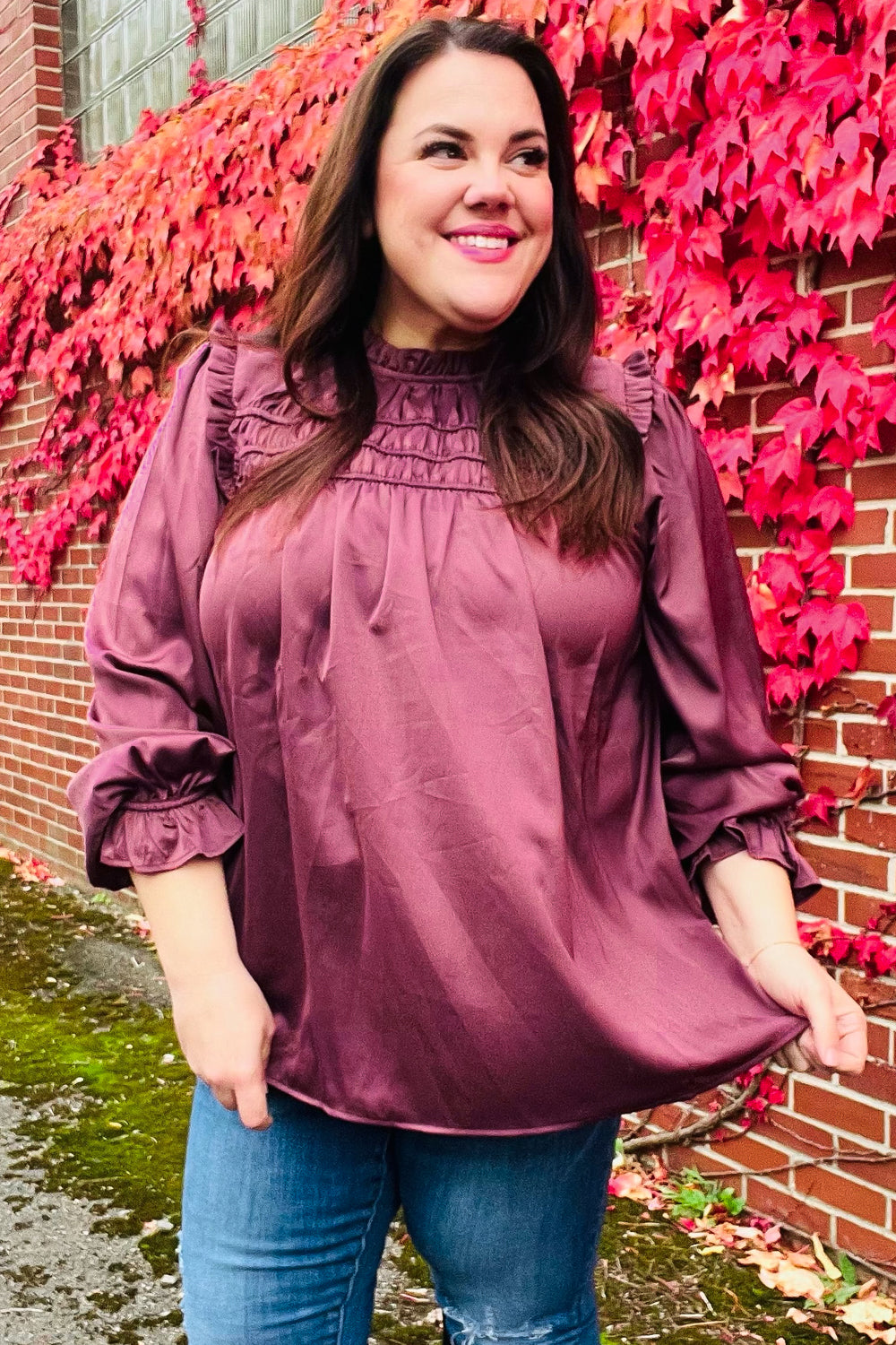 Be Your Best Wine Satin Shirred Yoke Frilled Mock Neck Top-Modish Lily, Tecumseh Michigan