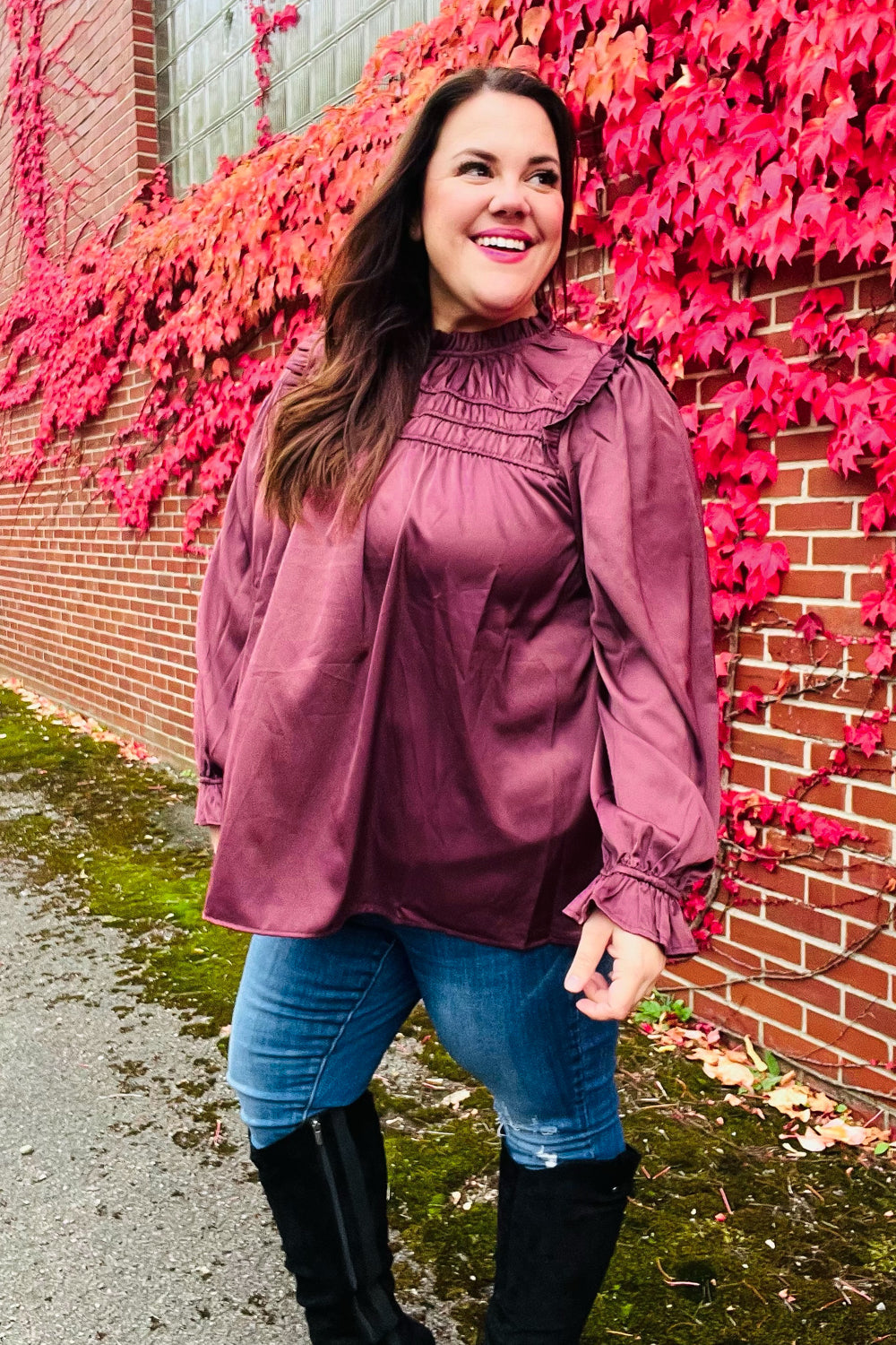 Be Your Best Wine Satin Shirred Yoke Frilled Mock Neck Top-Modish Lily, Tecumseh Michigan