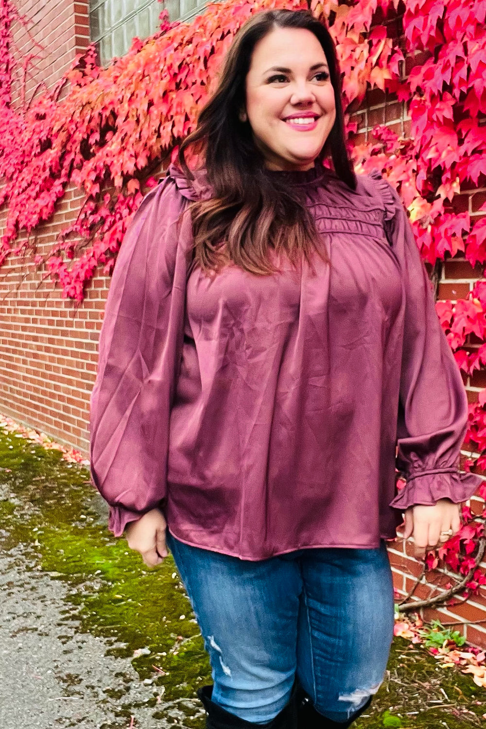 Be Your Best Wine Satin Shirred Yoke Frilled Mock Neck Top-Modish Lily, Tecumseh Michigan