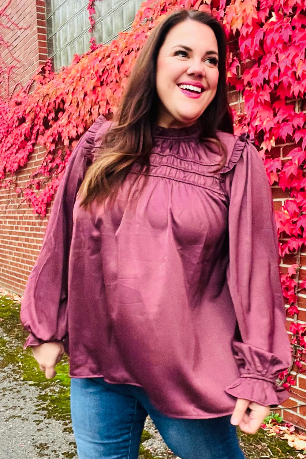 Be Your Best Wine Satin Shirred Yoke Frilled Mock Neck Top-Modish Lily, Tecumseh Michigan