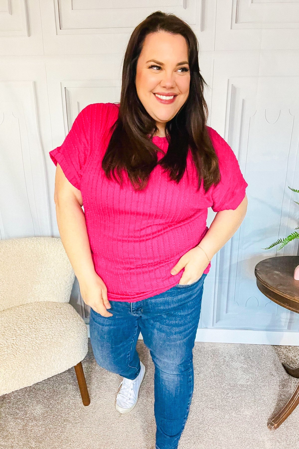 Be Your Best Fuchsia Cable Knit Dolman Short Sleeve Sweater Top-Modish Lily, Tecumseh Michigan