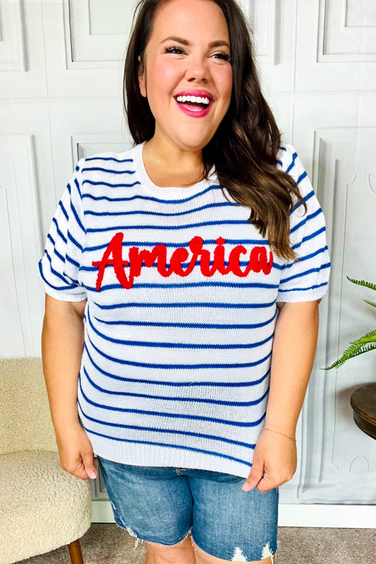 America Proud Blue Striped Embroidered Puff Sleeve Top-Modish Lily, Tecumseh Michigan