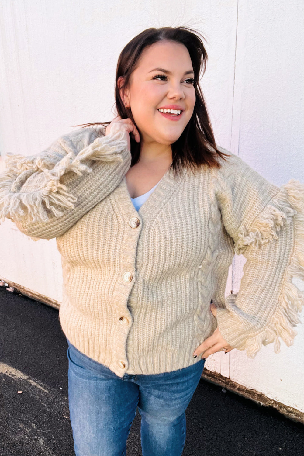 Weekend Ready Oatmeal V Neck Fringe Chunky Cable Cardigan-2024 Blow-Out Sale-Modish Lily, Tecumseh Michigan