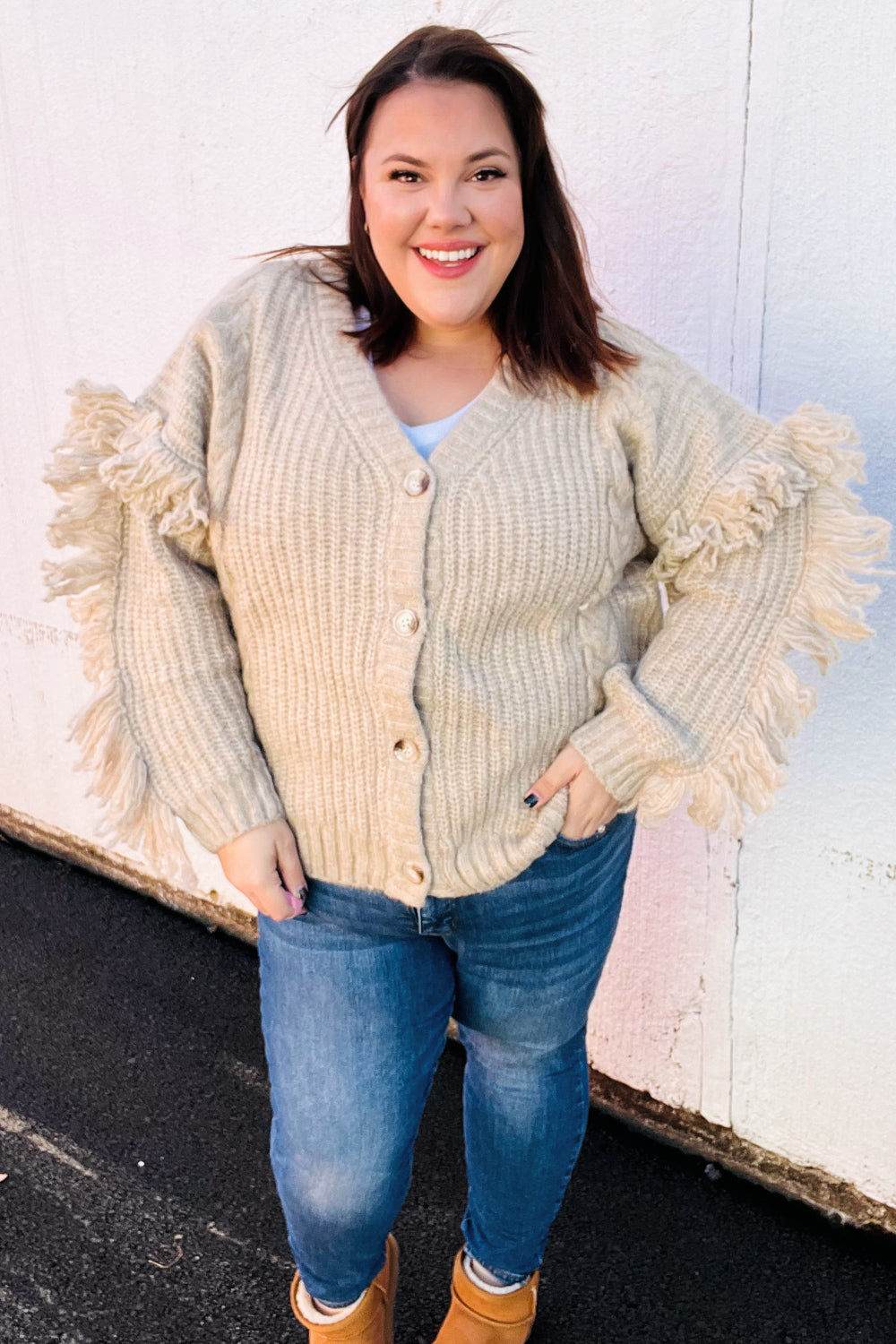 Weekend Ready Oatmeal V Neck Fringe Chunky Cable Cardigan-Modish Lily, Tecumseh Michigan