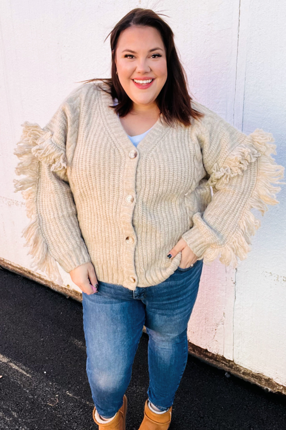 Weekend Ready Oatmeal V Neck Fringe Chunky Cable Cardigan-2024 Blow-Out Sale-Modish Lily, Tecumseh Michigan