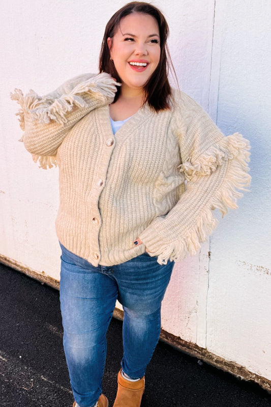 Weekend Ready Oatmeal V Neck Fringe Chunky Cable Cardigan-2024 Blow-Out Sale-Modish Lily, Tecumseh Michigan