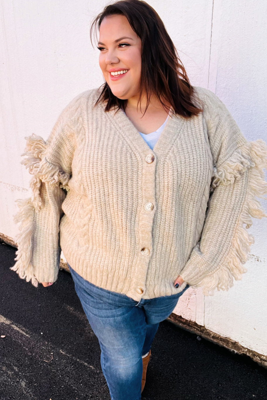 Weekend Ready Oatmeal V Neck Fringe Chunky Cable Cardigan-Modish Lily, Tecumseh Michigan