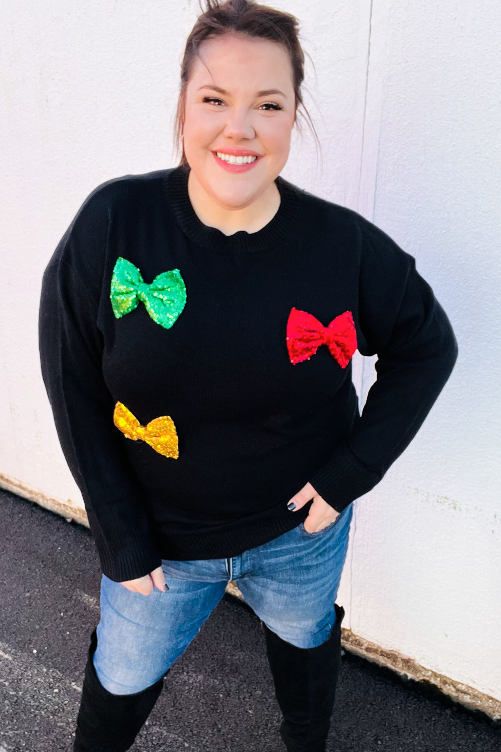 Be Merry Black Multicolor Sequin Bow Knit Sweater-Modish Lily, Tecumseh Michigan