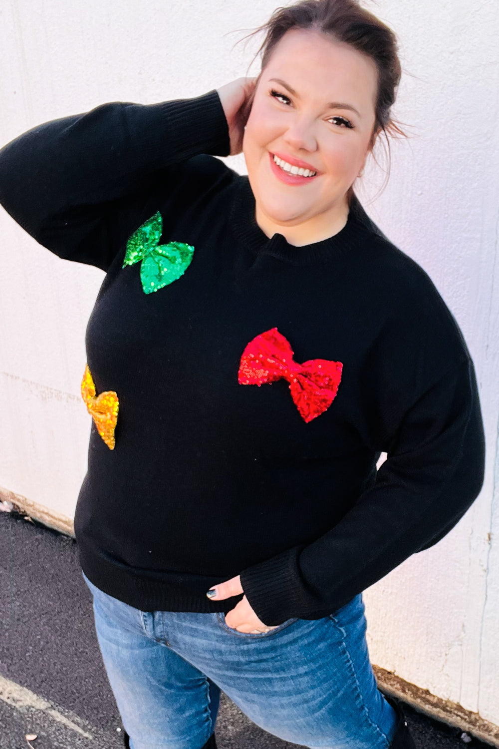 Be Merry Black Multicolor Sequin Bow Knit Sweater-Modish Lily, Tecumseh Michigan