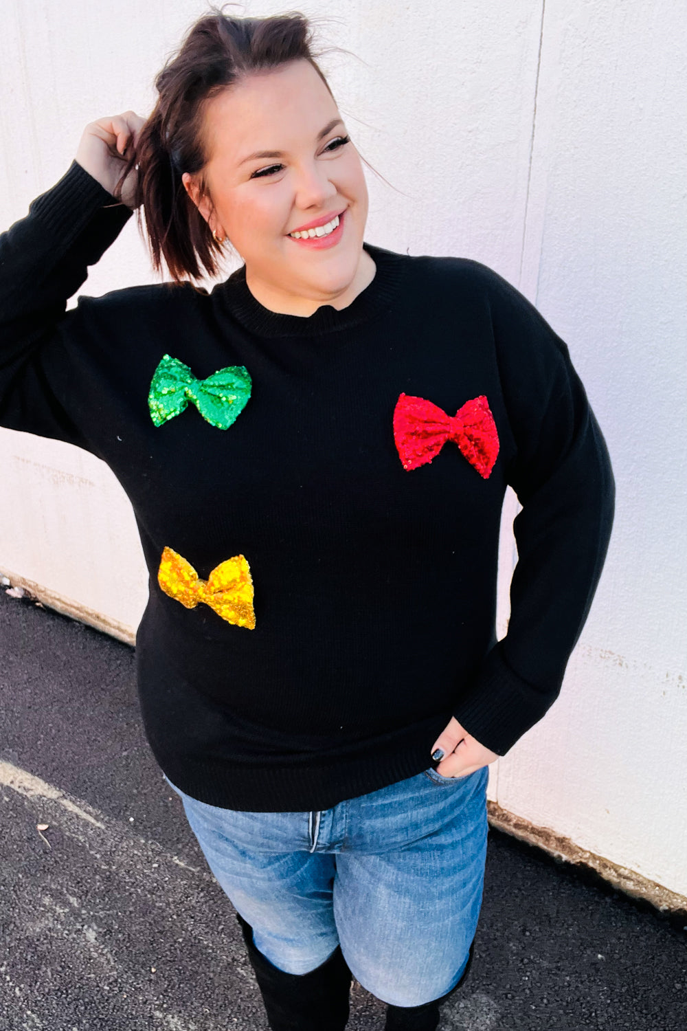 Be Merry Black Multicolor Sequin Bow Knit Sweater-Modish Lily, Tecumseh Michigan