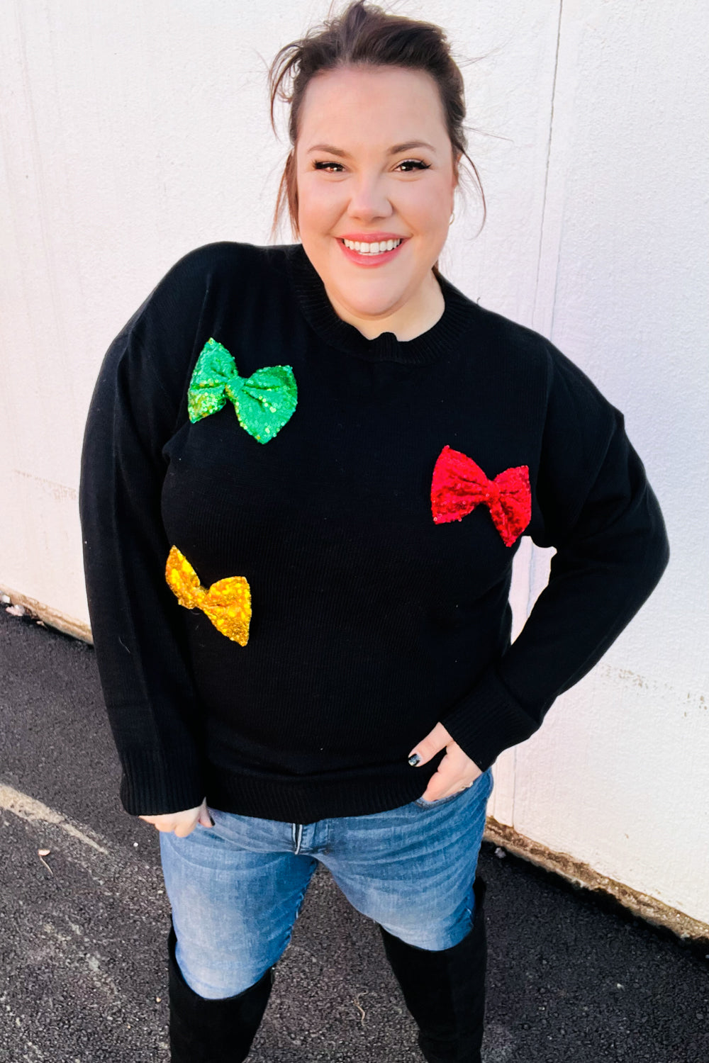 Be Merry Black Multicolor Sequin Bow Knit Sweater-Modish Lily, Tecumseh Michigan