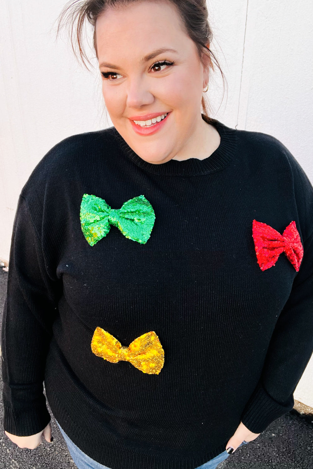 Be Merry Black Multicolor Sequin Bow Knit Sweater-Modish Lily, Tecumseh Michigan