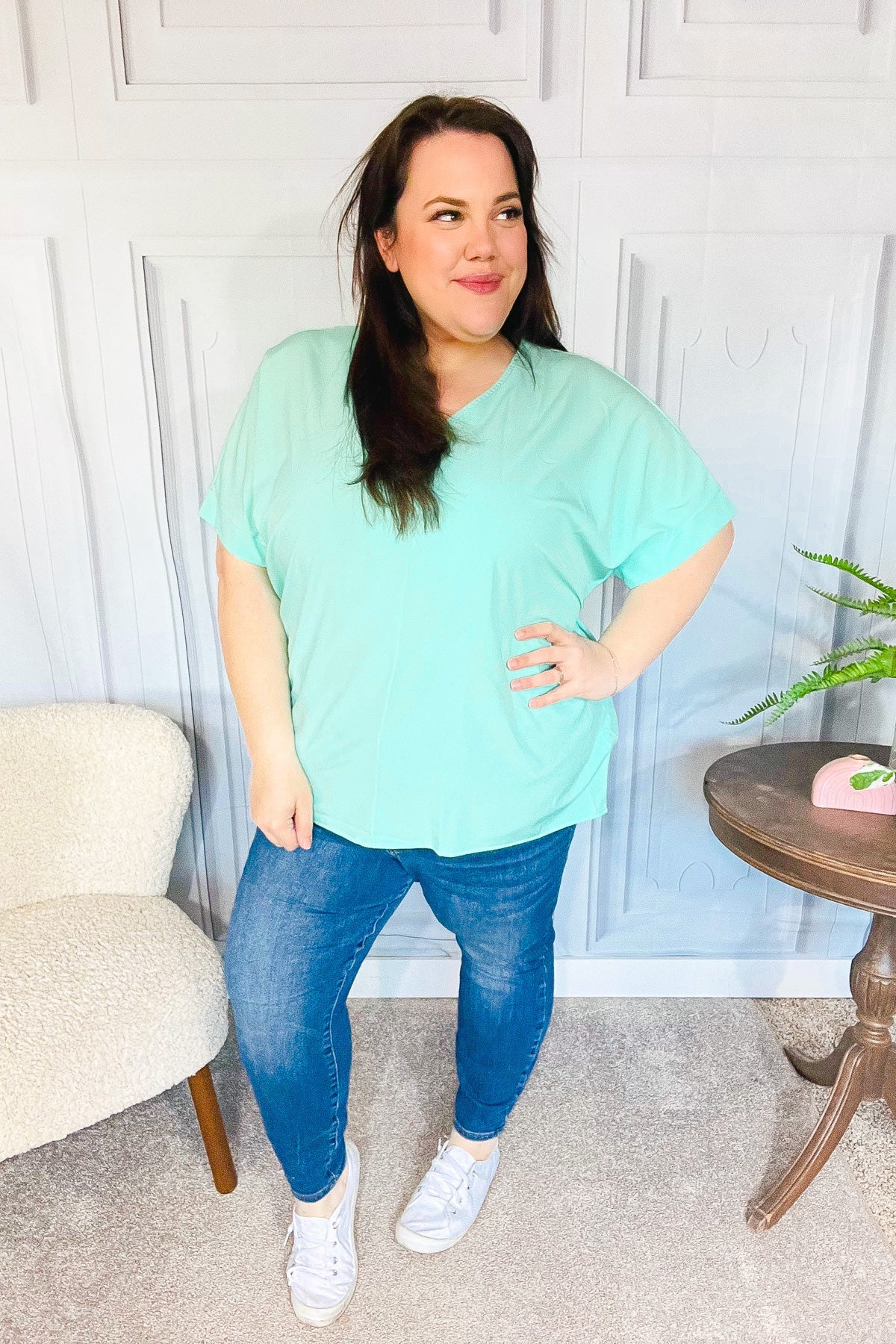 Weekend Ready Mint Drop Shoulder V Neck Woven Top-Modish Lily, Tecumseh Michigan