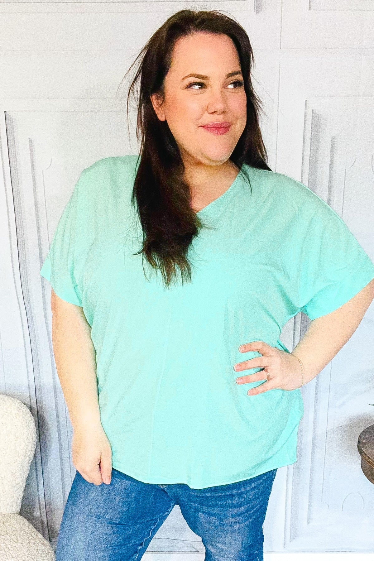 Weekend Ready Mint Drop Shoulder V Neck Woven Top-Modish Lily, Tecumseh Michigan