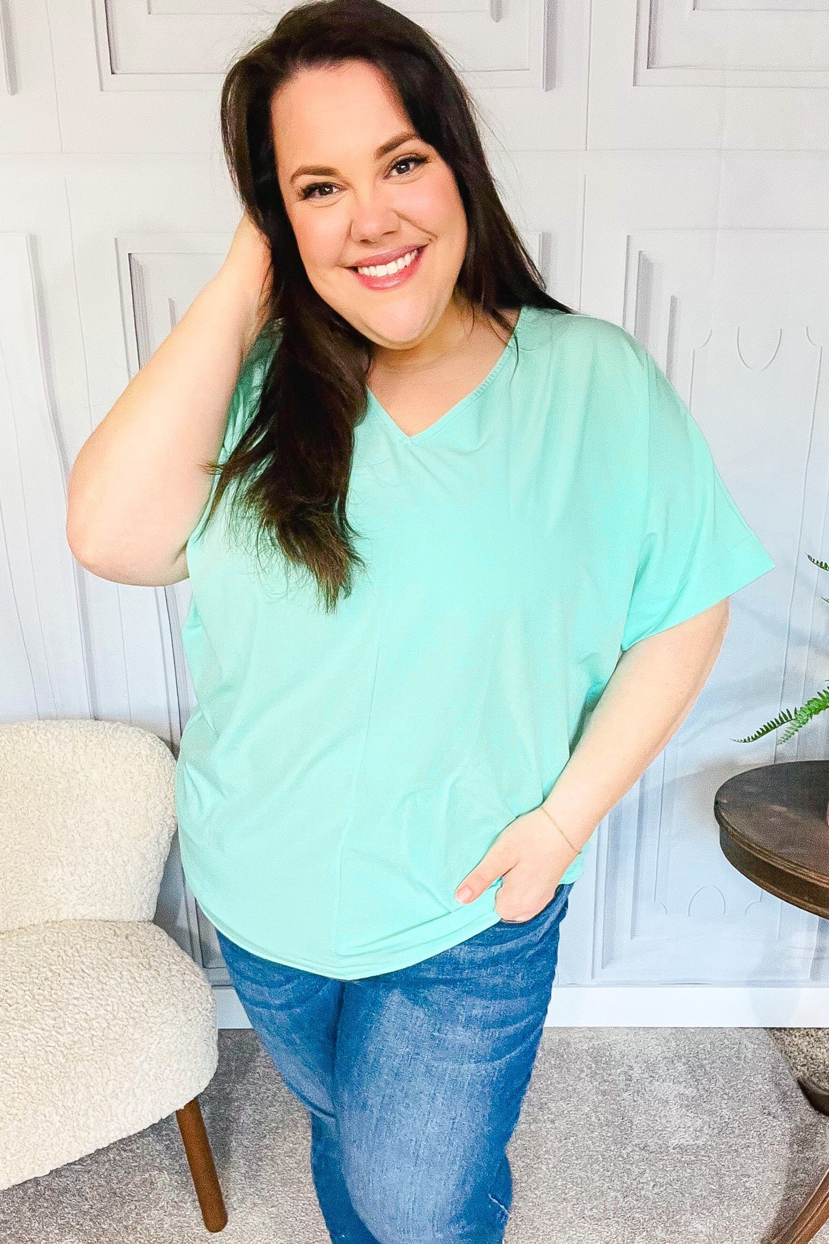 Weekend Ready Mint Drop Shoulder V Neck Woven Top-Modish Lily, Tecumseh Michigan