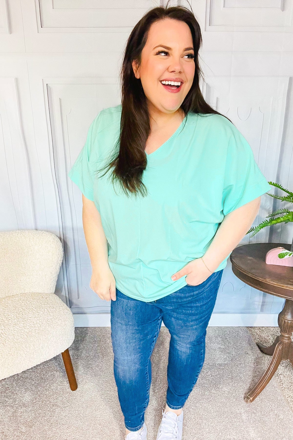 Weekend Ready Mint Drop Shoulder V Neck Woven Top-Modish Lily, Tecumseh Michigan