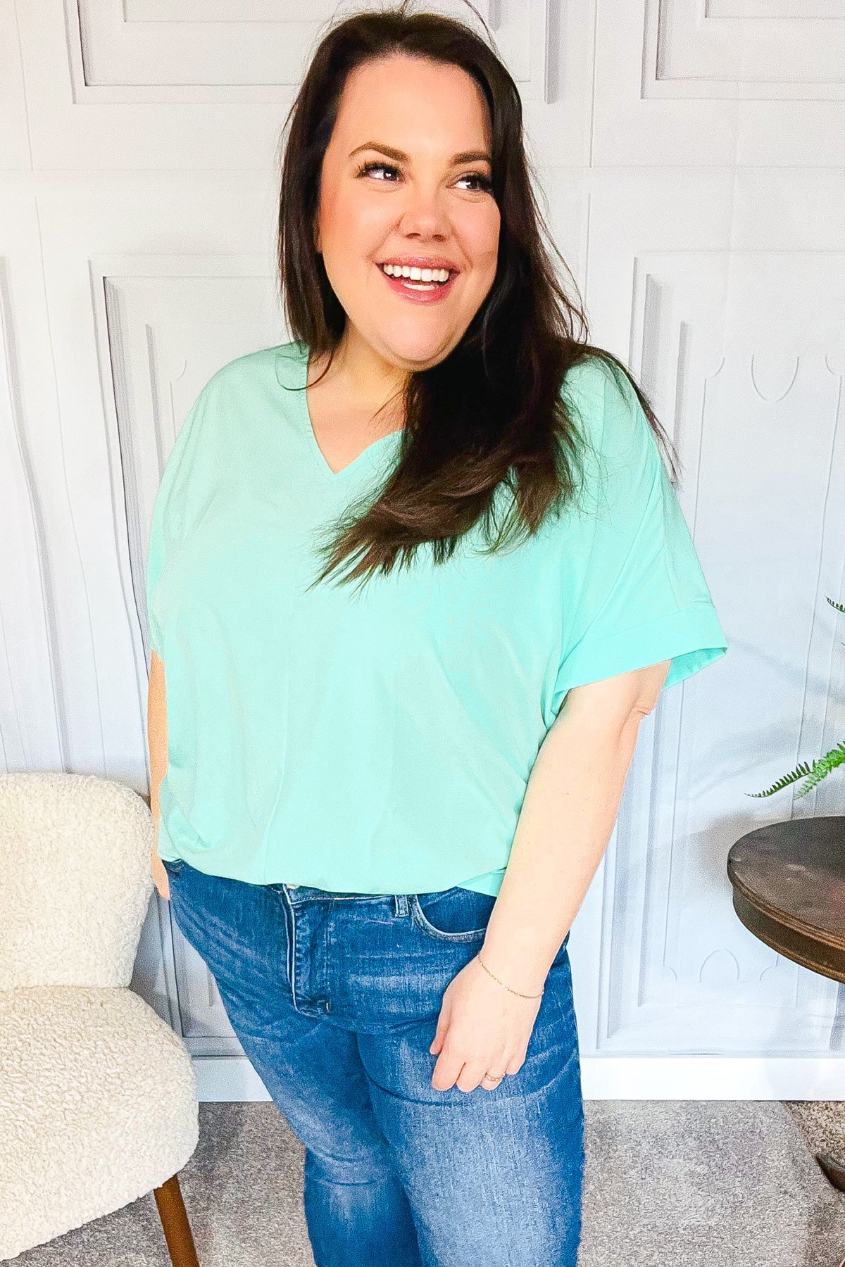 Weekend Ready Mint Drop Shoulder V Neck Woven Top-Modish Lily, Tecumseh Michigan