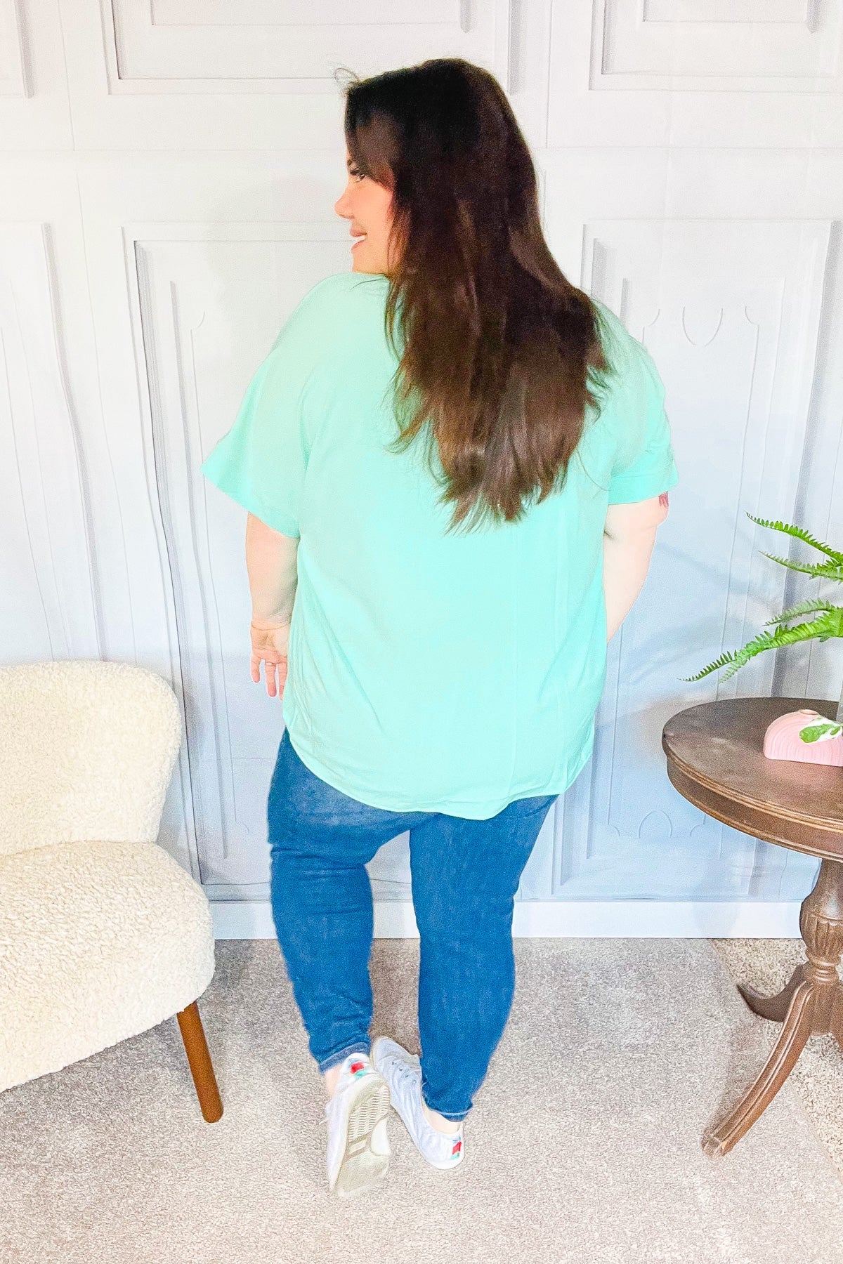 Weekend Ready Mint Drop Shoulder V Neck Woven Top-Modish Lily, Tecumseh Michigan