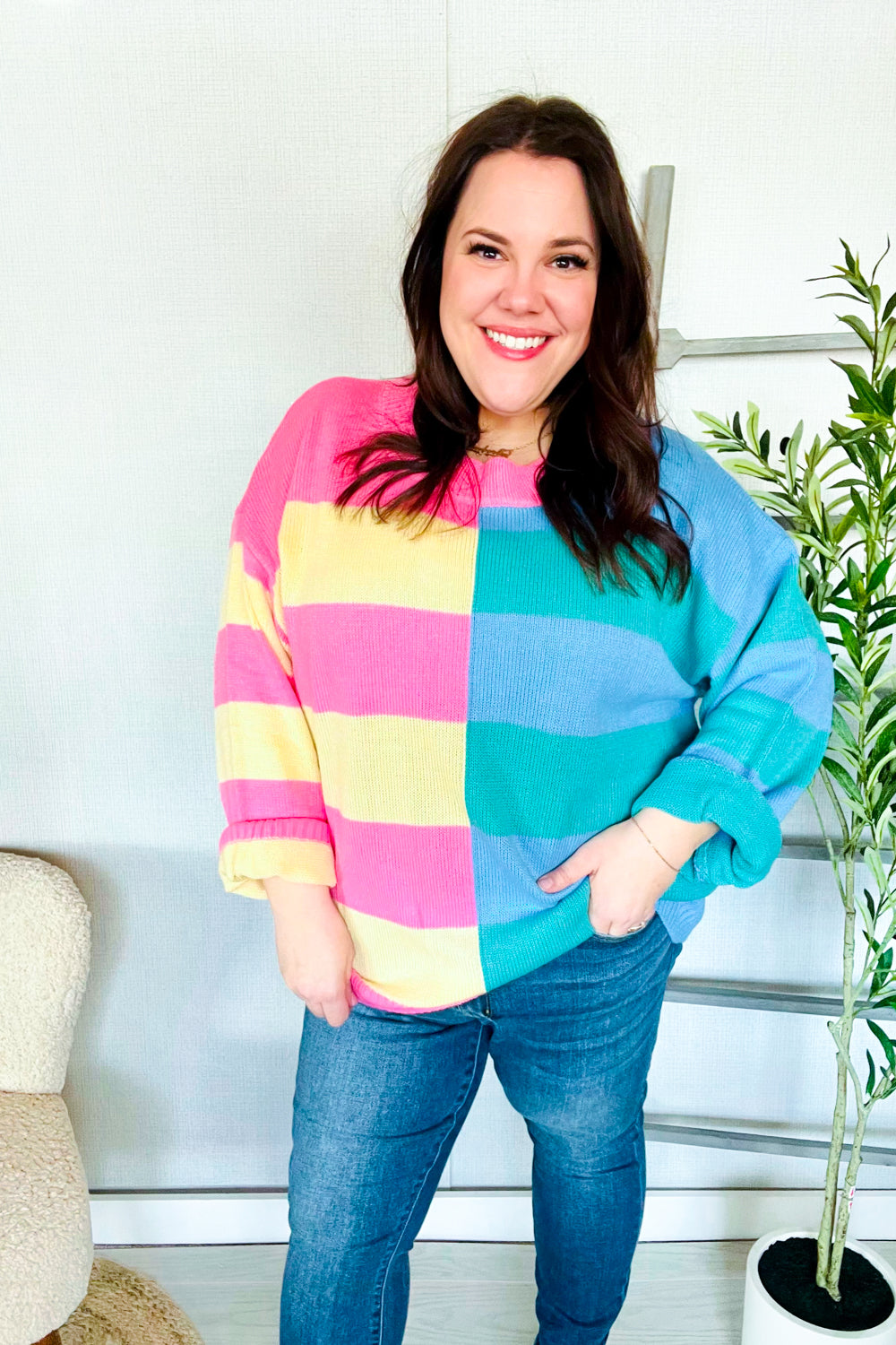 Catch Glances Blush & Blue Stripe Color Block Knit Sweater-Modish Lily, Tecumseh Michigan