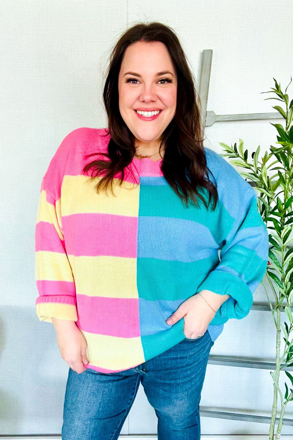 Catch Glances Blush & Blue Stripe Color Block Knit Sweater-Modish Lily, Tecumseh Michigan