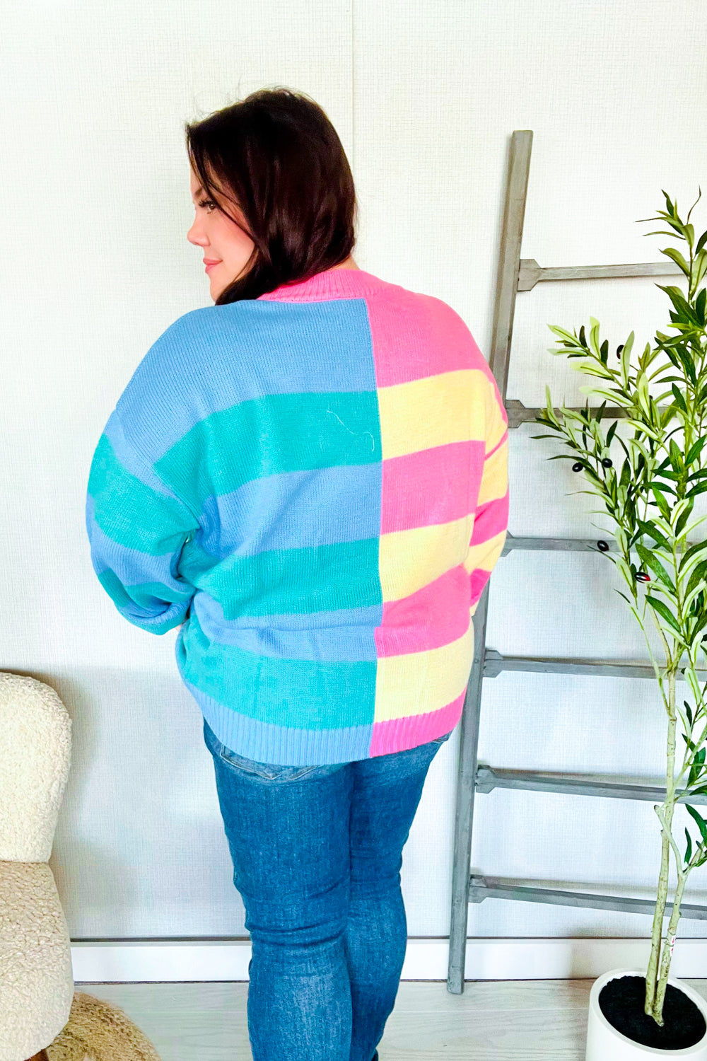 Catch Glances Blush & Blue Stripe Color Block Knit Sweater-Modish Lily, Tecumseh Michigan