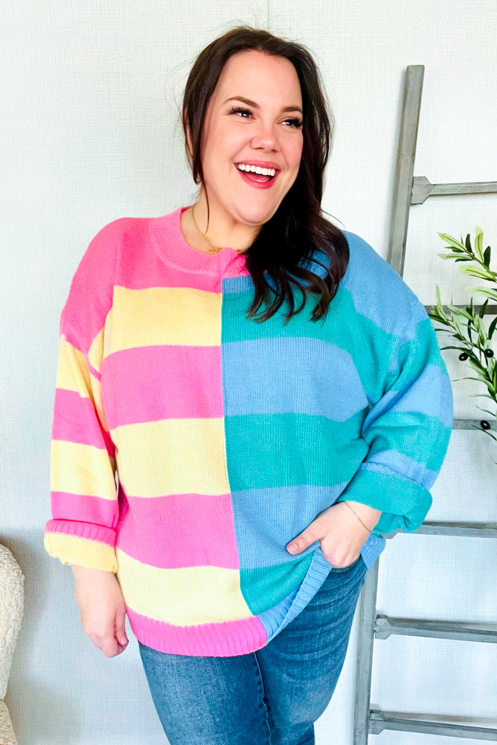 Catch Glances Blush & Blue Stripe Color Block Knit Sweater-Modish Lily, Tecumseh Michigan